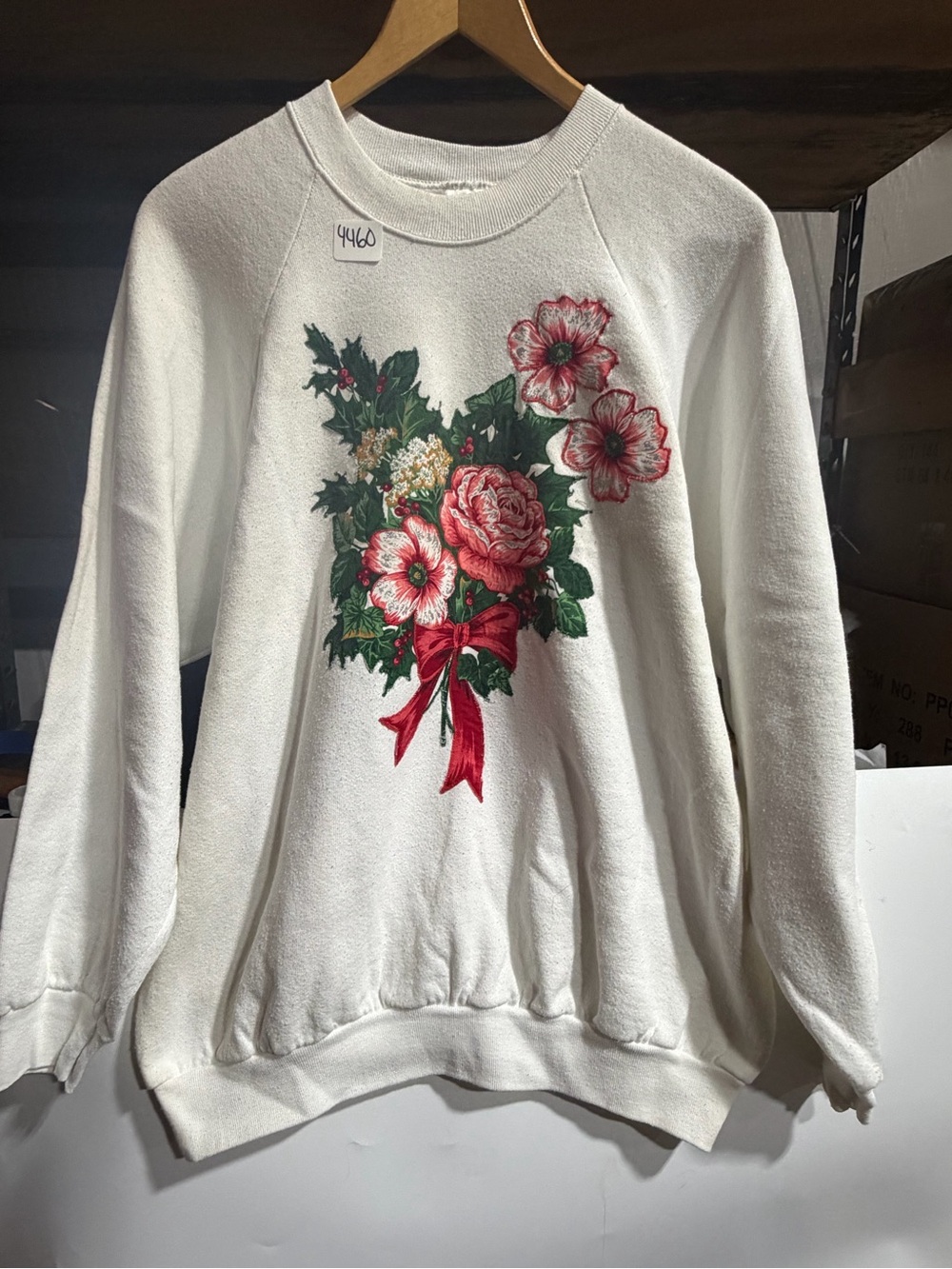 #4460-Fruit of the Loom Cream Crewneck Sweater with Red Floral Bow Print
